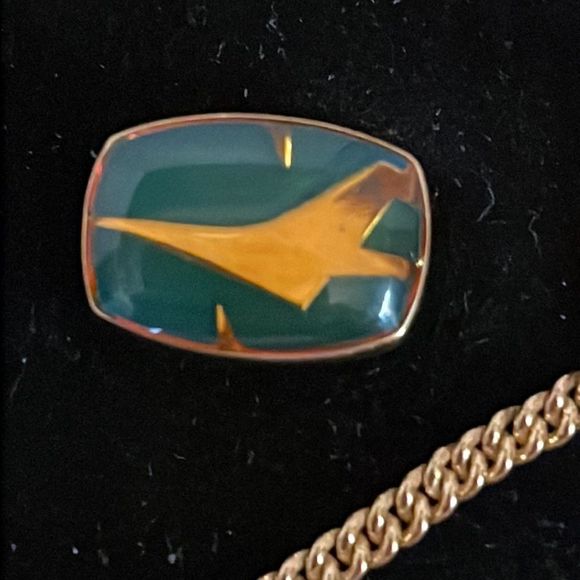 Vintage MCM Art Deco turquoise tone filled tie tack w/gold tone airplane & chain - Picture 3 of 7